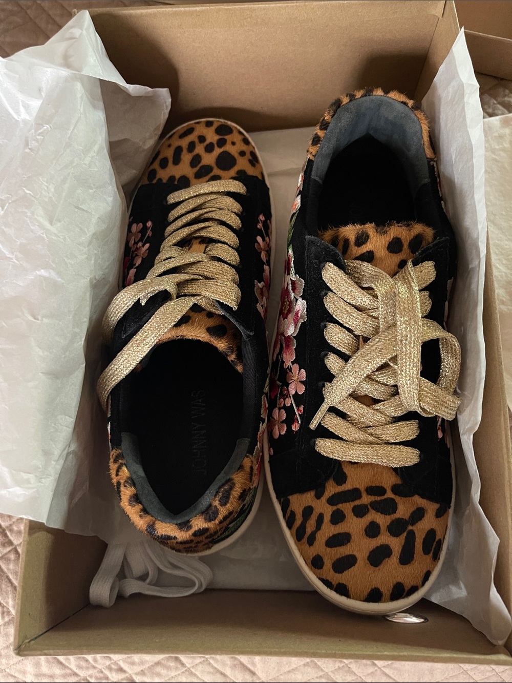 Johnny Was Leopard Print and Gold Lace Acacia Floral Accent Sneakers